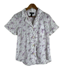 Lauren Ralph Lauren White Purple Floral Button Down Cotton Short Sleeve Medium
